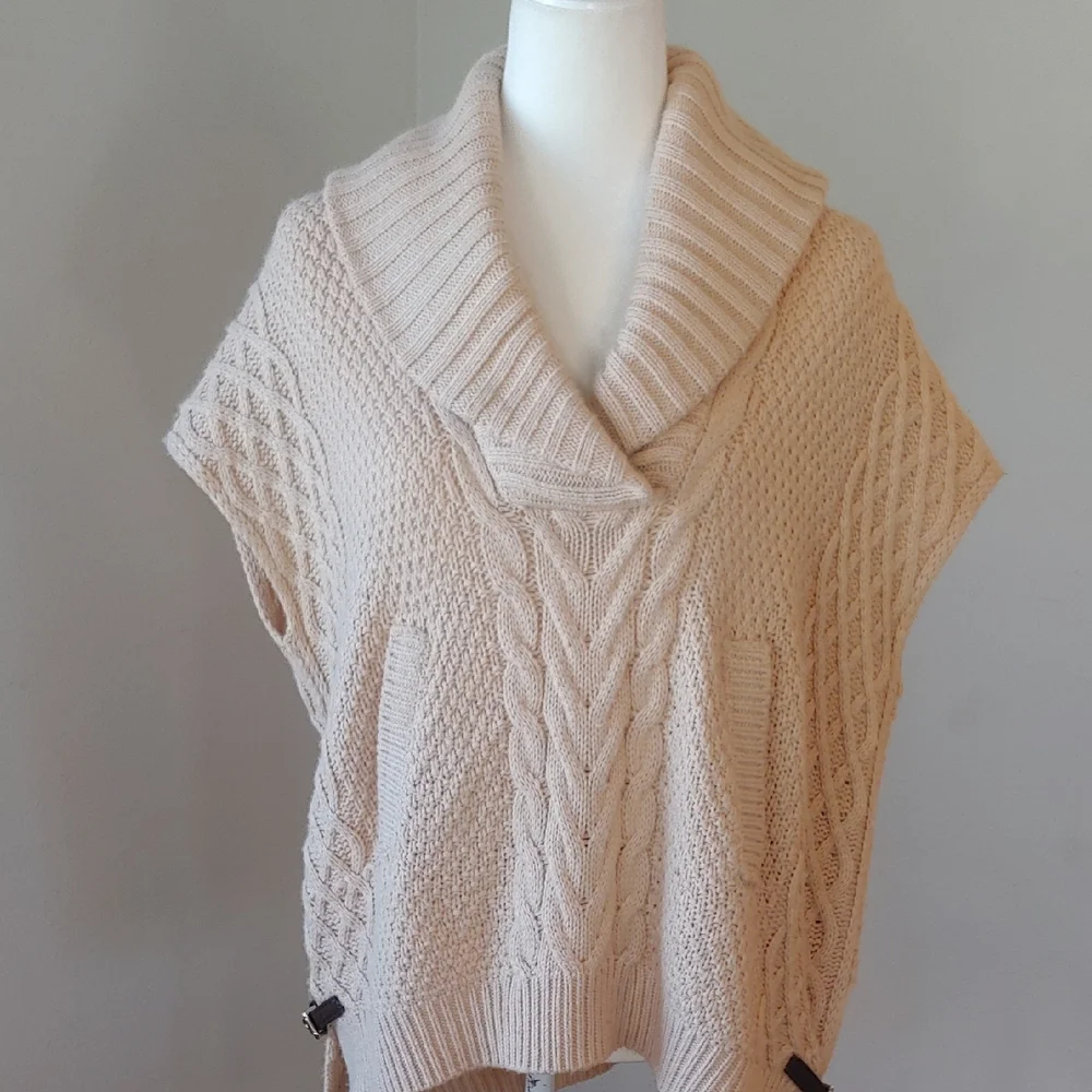 Saks Fifth Ave Wool Blend Cream Cable Knit Cowl Sweater with Side Belts Small - Picture 4 of 16